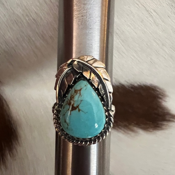 ❤️ Kingman Turquoise Statement Sterling Navajo Style Feather Leaf Ring Sz 7.5 - Picture 8 of 16